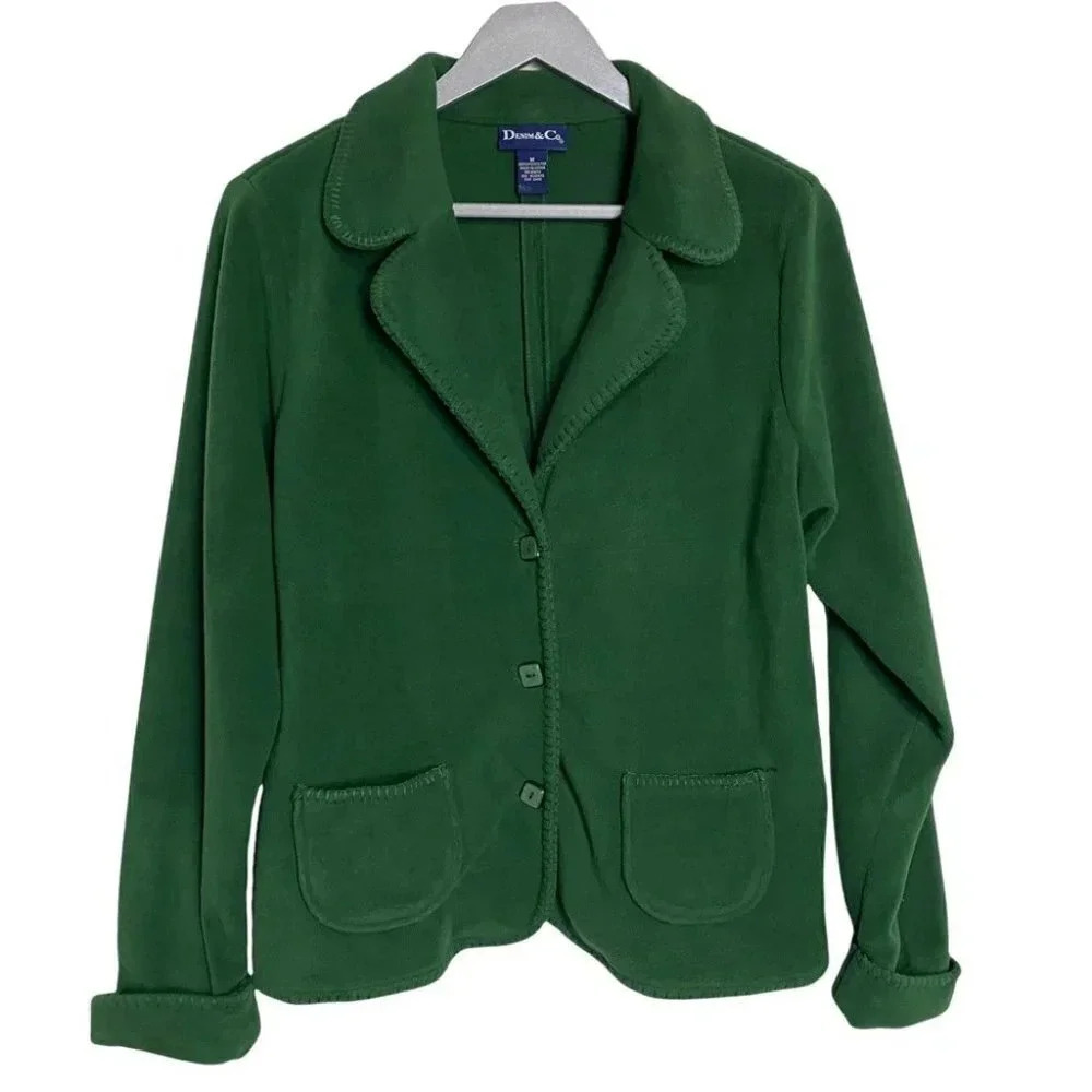 Denim‎ & Co Fleece Blazer Medium Green Blanket Stitch Button Front Jacket